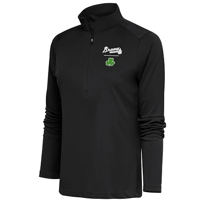 Women's Antigua Charcoal Atlanta Braves Shamrock Tribute Half-Zip Pullover Top