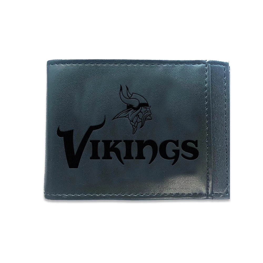 Black Minnesota Vikings Hybrid Leather Front Pocket Bi-Fold Wallet with Money Clip