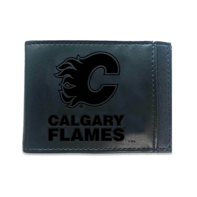 Black Calgary Flames Hybrid Leather Front Pocket Bi-Fold Wallet with Money Clip