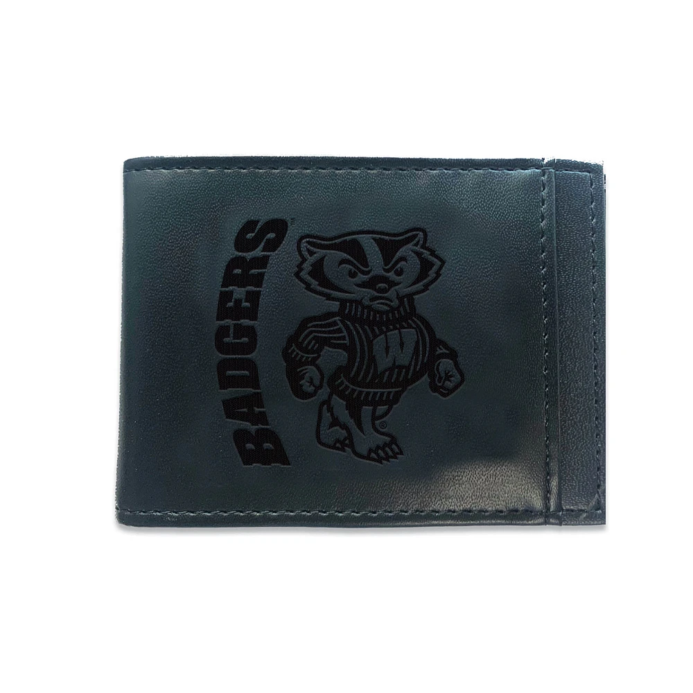 Black Wisconsin Badgers Hybrid Leather Front Pocket Bi-Fold Wallet with Money Clip