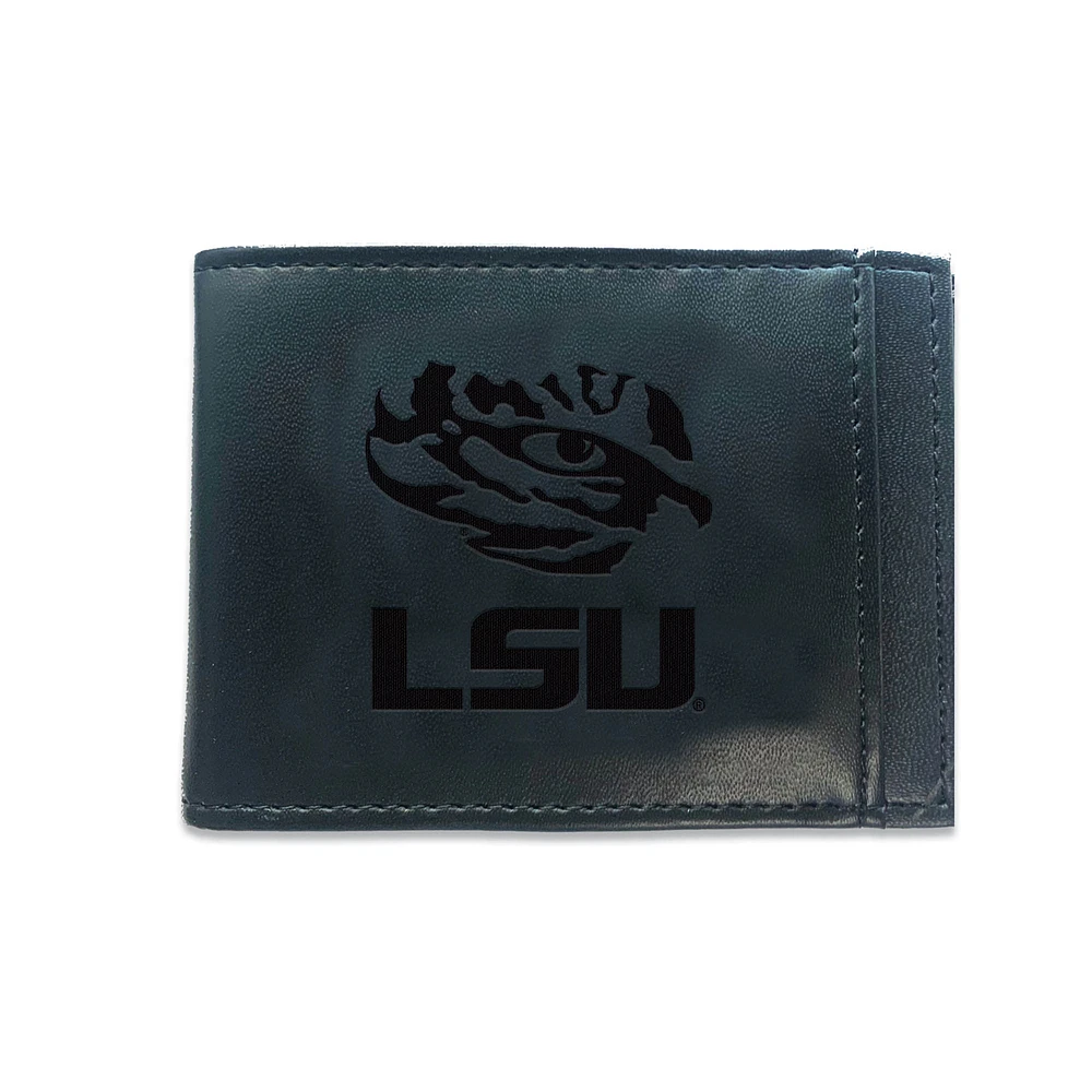 Black LSU Tigers Hybrid Leather Front Pocket Bi-Fold Wallet with Money Clip