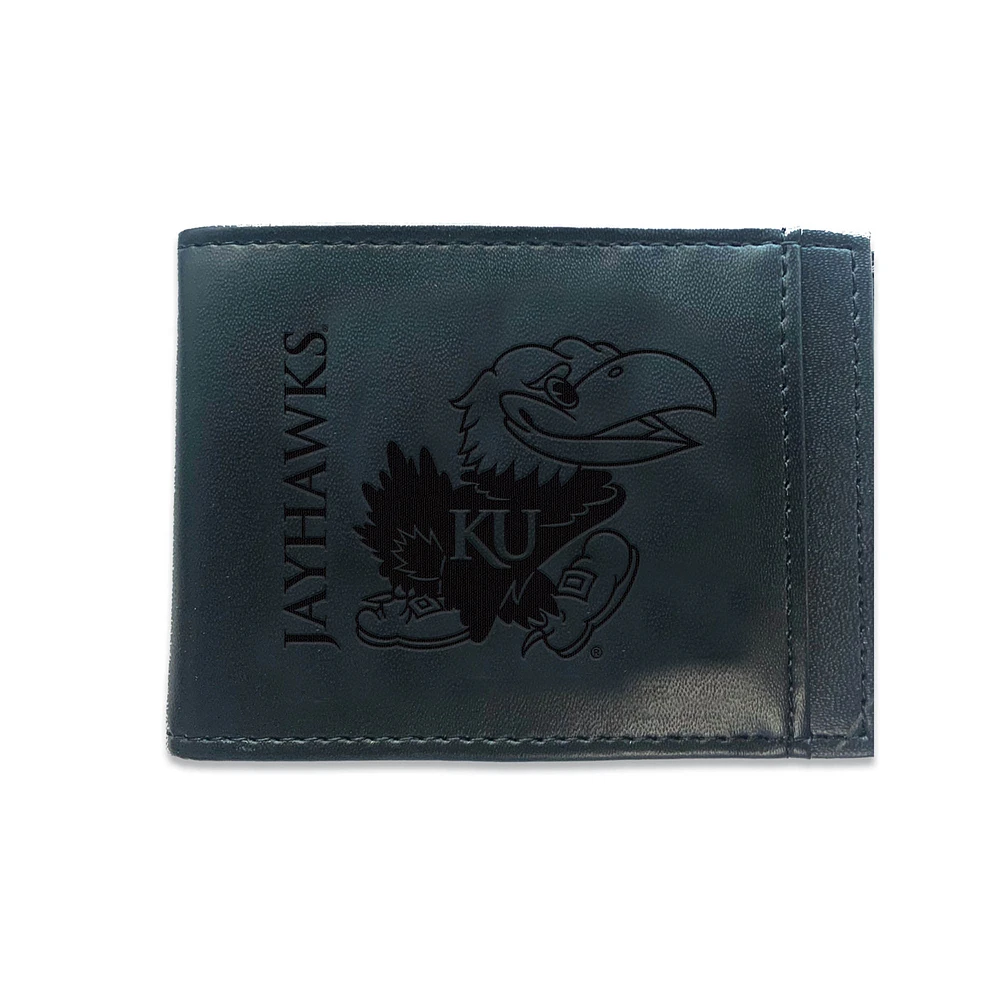 Black Kansas Jayhawks Hybrid Leather Front Pocket Bi-Fold Wallet with Money Clip