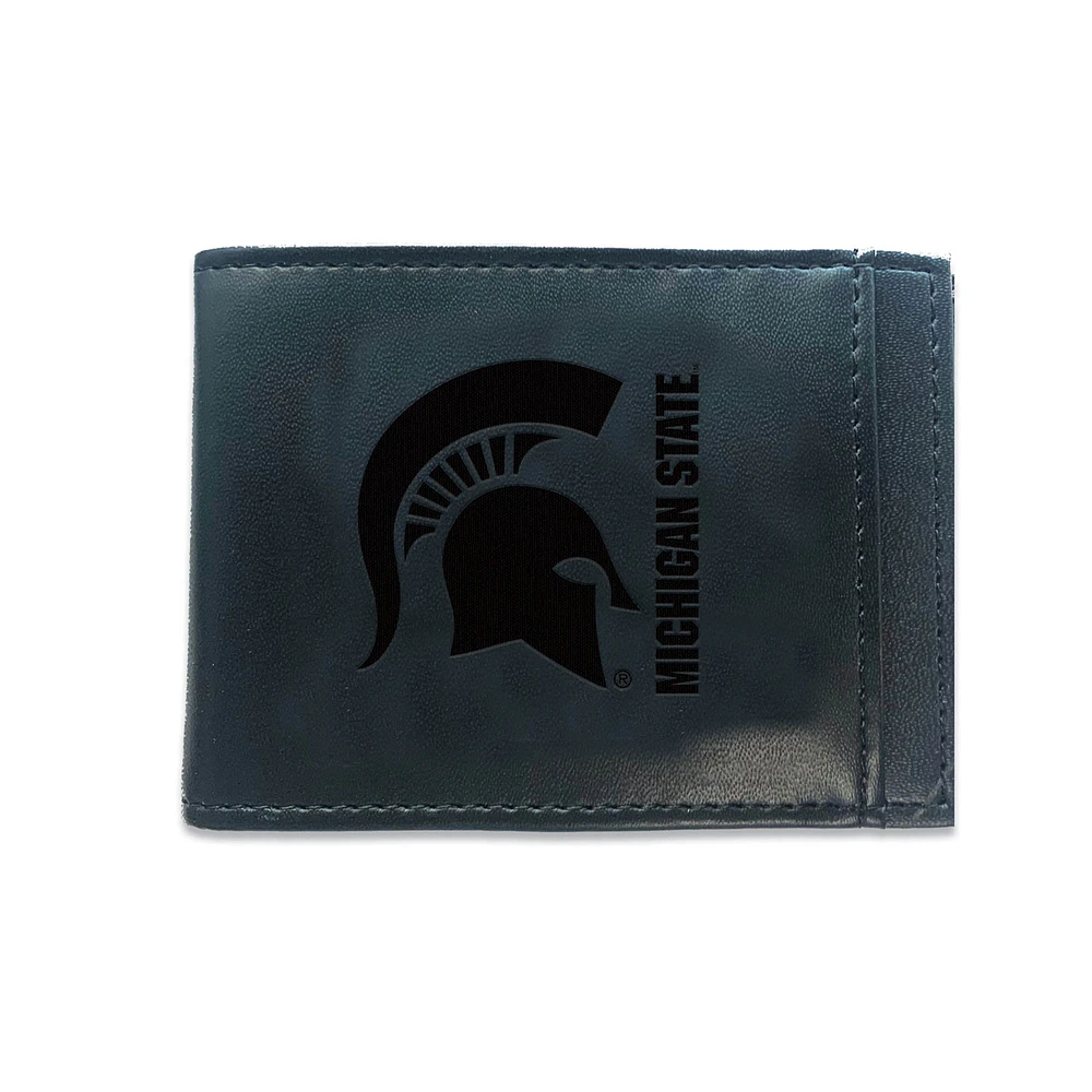 Black Michigan State Spartans Hybrid Leather Front Pocket Bi-Fold Wallet with Money Clip