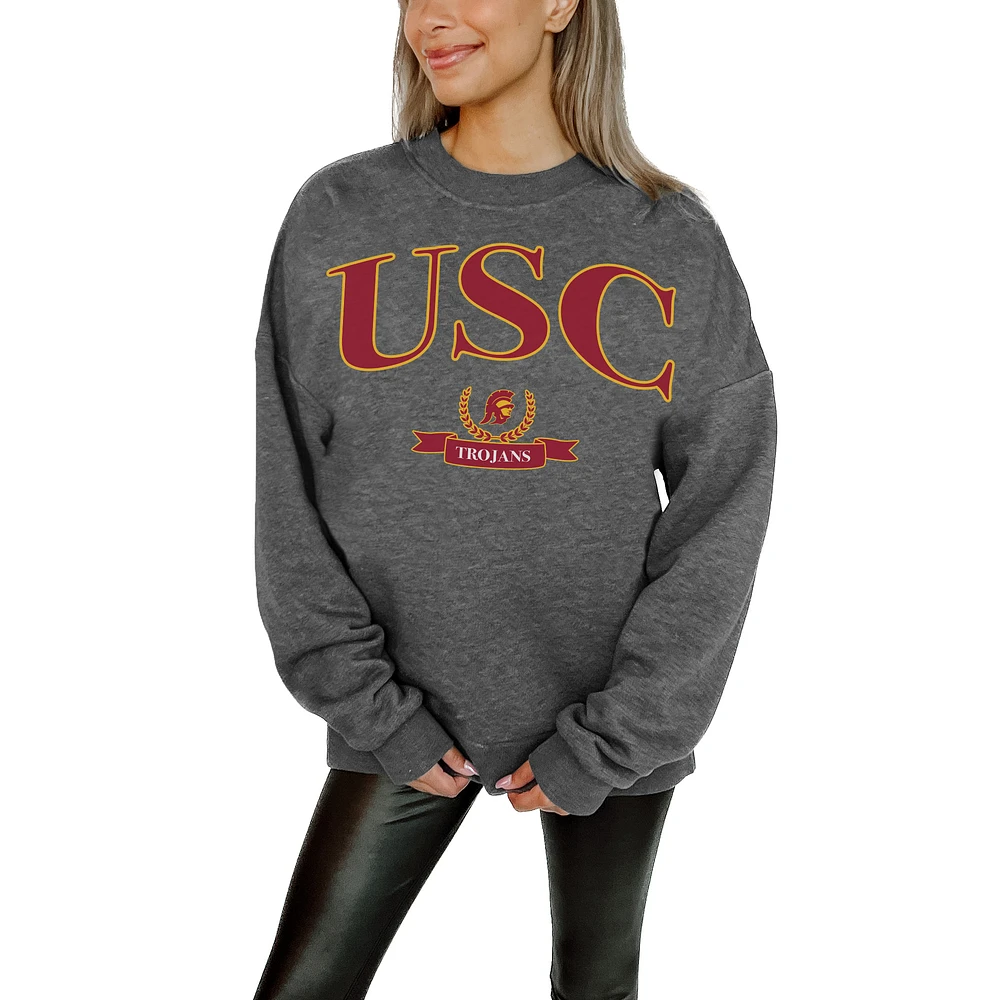 Women's Gameday Couture Charcoal USC Trojans Premium Fleece Drop Shoulder Pullover Sweatshirt