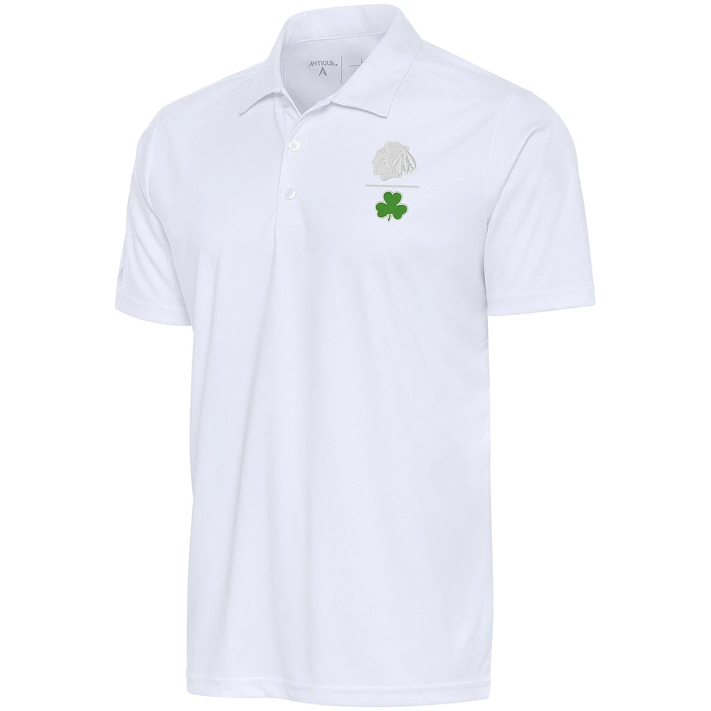 Men's Antigua White Chicago Blackhawks Shamrock Tribute Polo