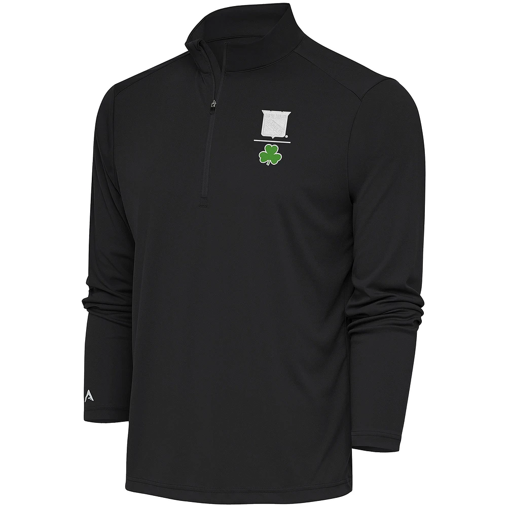 Men's Antigua Charcoal New York Rangers Shamrock Tribute Quarter-Zip Pullover Top