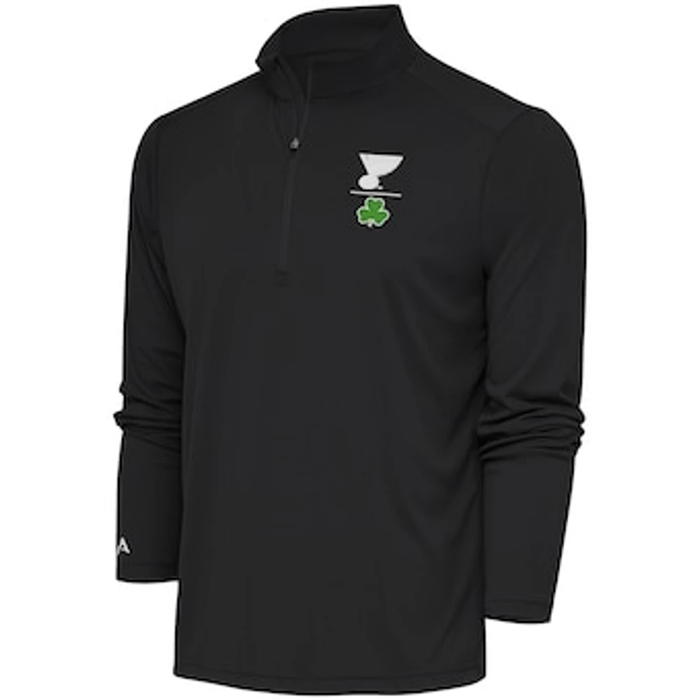 Men's Antigua Charcoal St. Louis Blues Shamrock Tribute Quarter-Zip Pullover Top