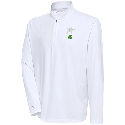 Men's Antigua White Dallas Stars Shamrock Tribute Quarter-Zip Pullover Top