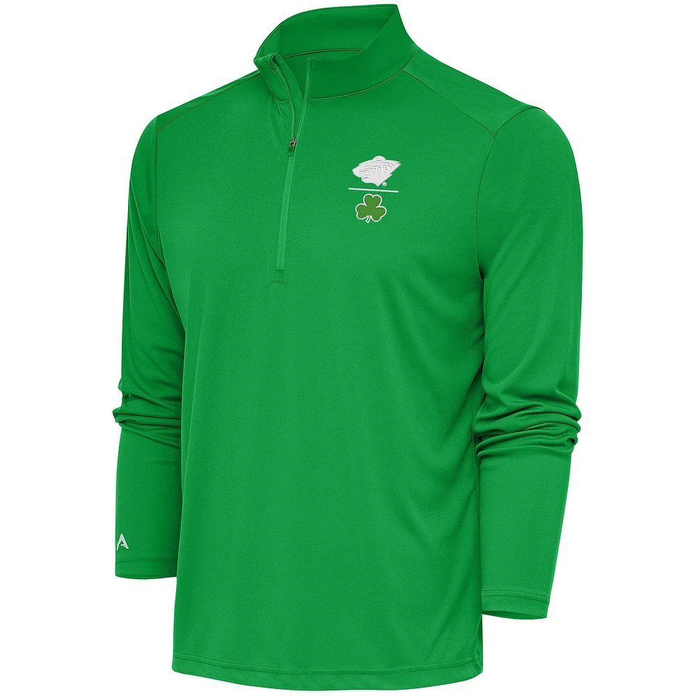 Men's Antigua Kelly Green Minnesota Wild Shamrock Tribute Quarter-Zip Pullover Top
