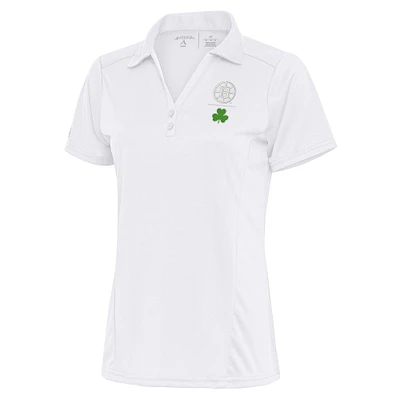 Women's Antigua White Boston Bruins Shamrock Tribute Polo