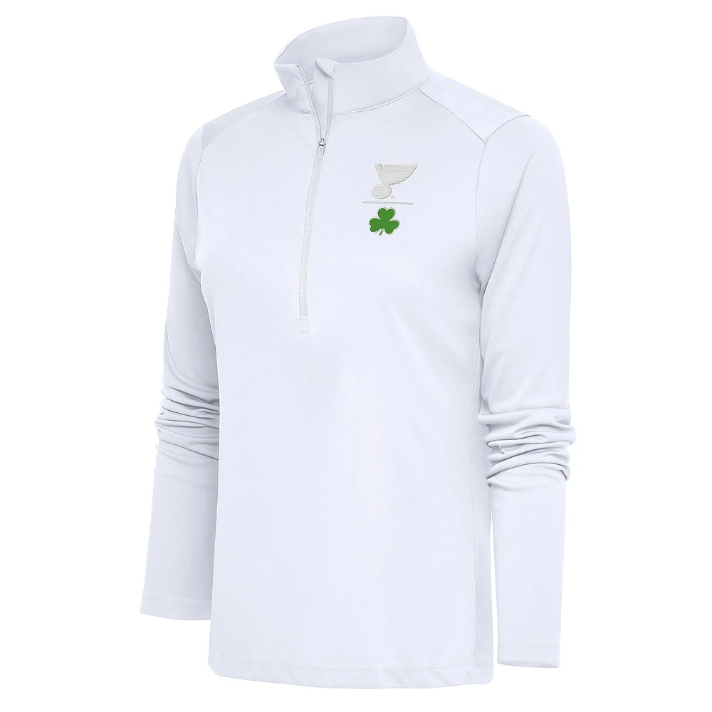 Women's Antigua White St. Louis Blues Shamrock Tribute Half-Zip Pullover Top