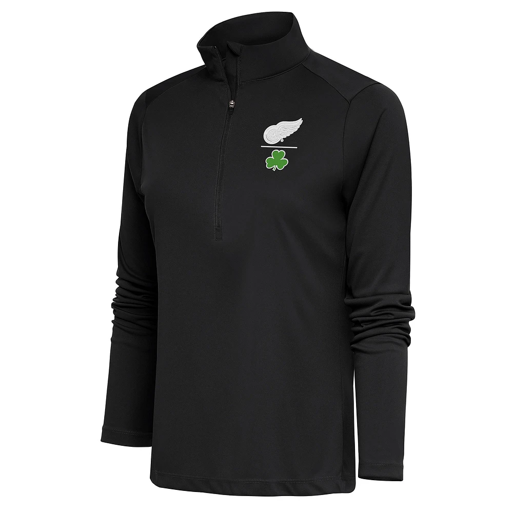 Women's Antigua Charcoal Detroit Red Wings Shamrock Tribute Half-Zip Pullover Top