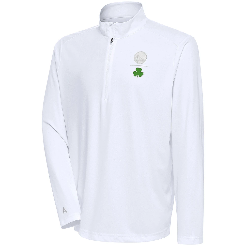 Men's Antigua White Golden State Warriors Shamrock Tribute Quarter-Zip Pullover Top
