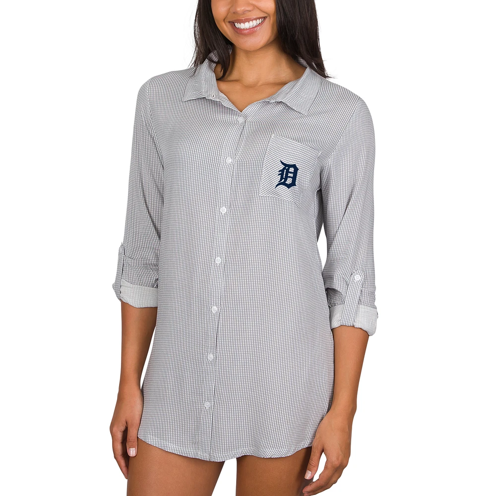 Women's Concepts Sport Gray Detroit Tigers Melody Woven Full-Button Long Sleeve Nightshirt