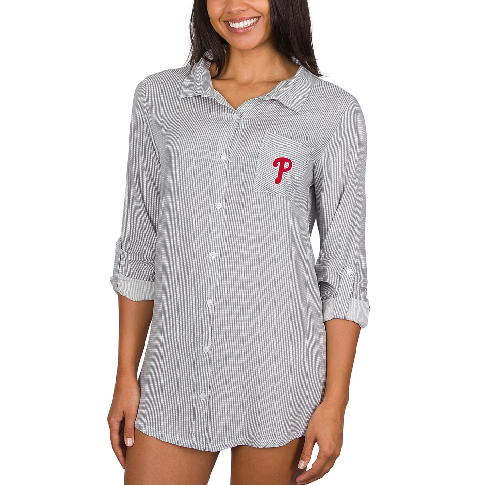 Women's Concepts Sport Gray Philadelphia Phillies Melody Woven Full-Button Long Sleeve Nightshirt