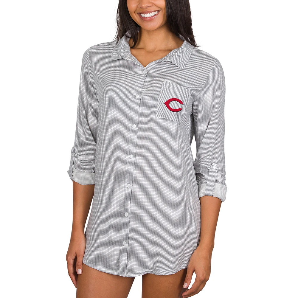 Women's Concepts Sport Gray Cincinnati Reds Melody Woven Full-Button Long Sleeve Nightshirt