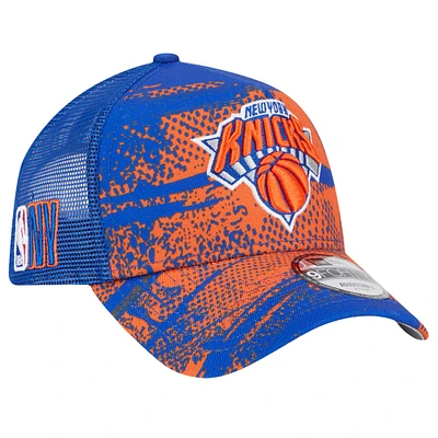 Men's New Era Blue/Orange New York Knicks Tip Off A-Frame Trucker 9FORTY Adjustable Hat