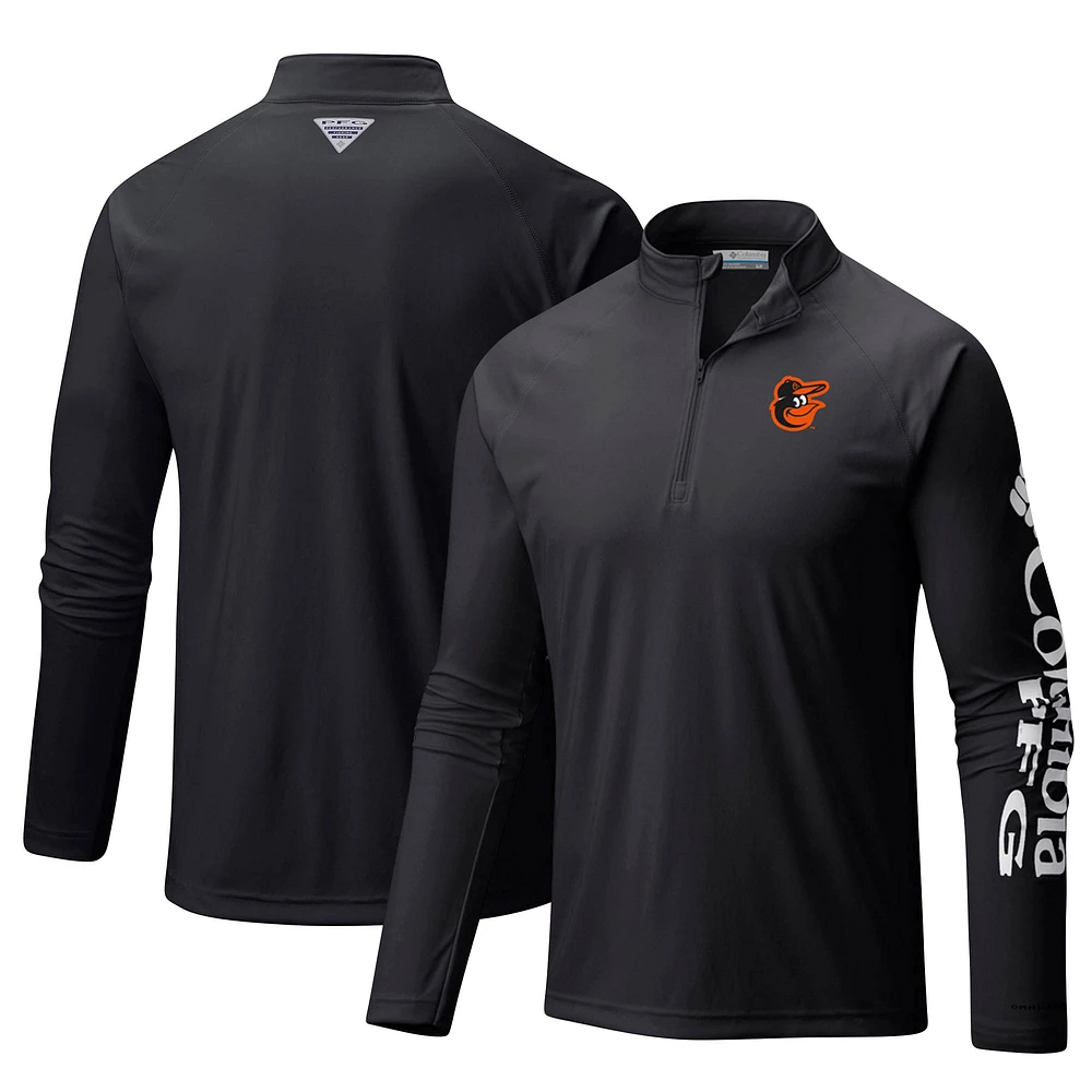 Men's Columbia Black Baltimore Orioles Terminal Tackle Omni-Shade Raglan Quarter-Zip Pullover Top