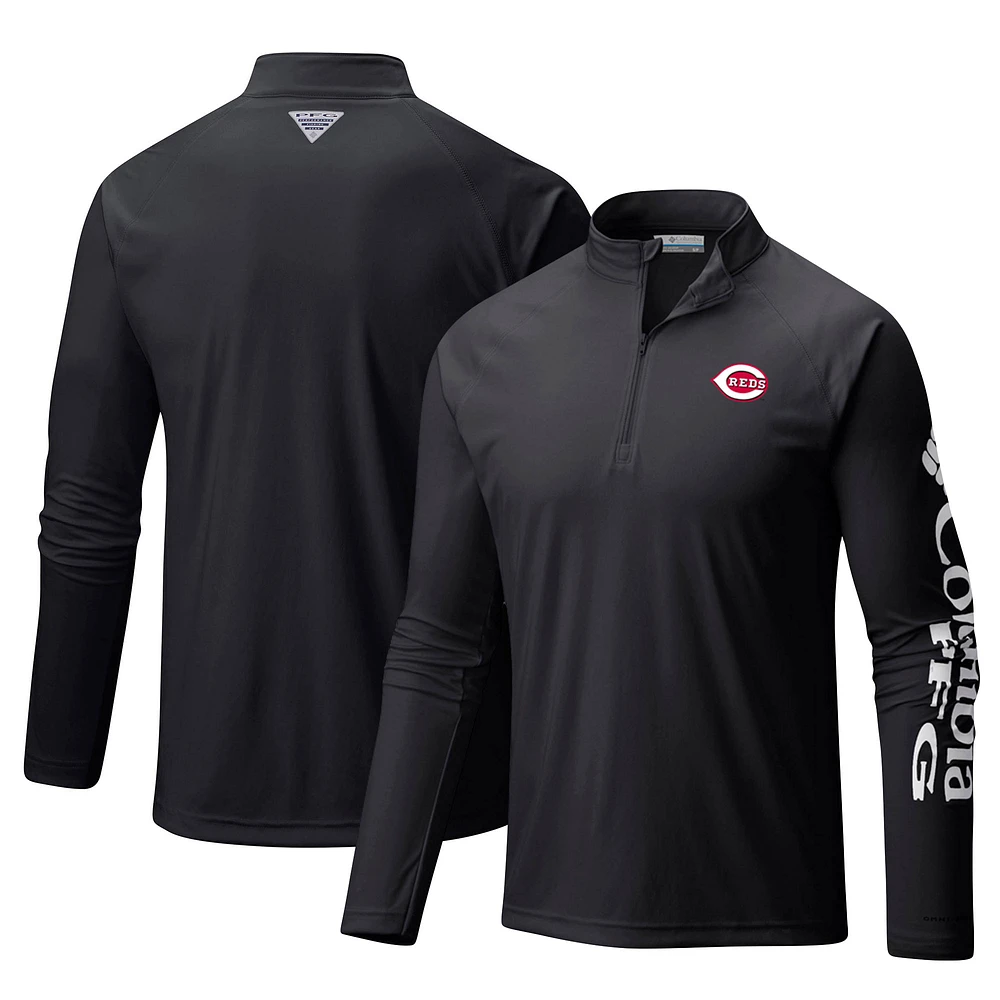 Men's Columbia Black Cincinnati Reds Terminal Tackle Omni-Shade Raglan Quarter-Zip Pullover Top