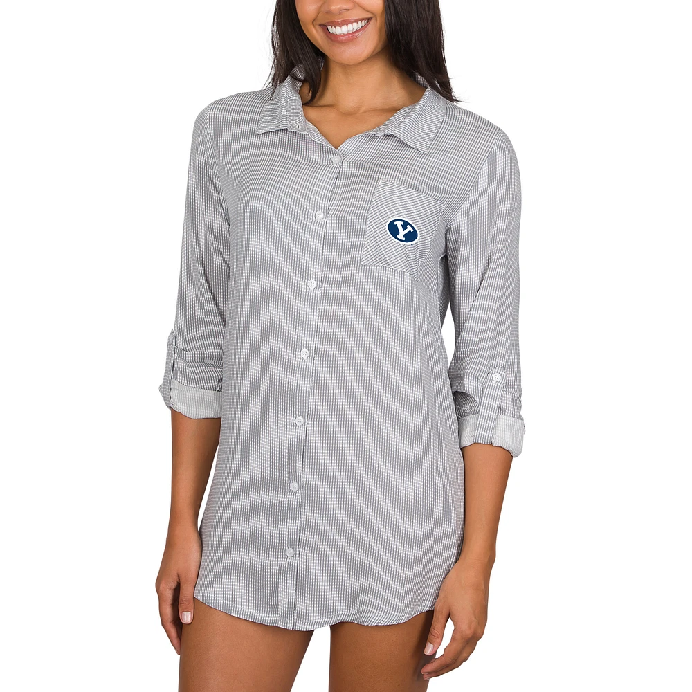 Women's College Concepts Gray BYU Cougars Full-Button Long Sleeve Melody Nightshirt