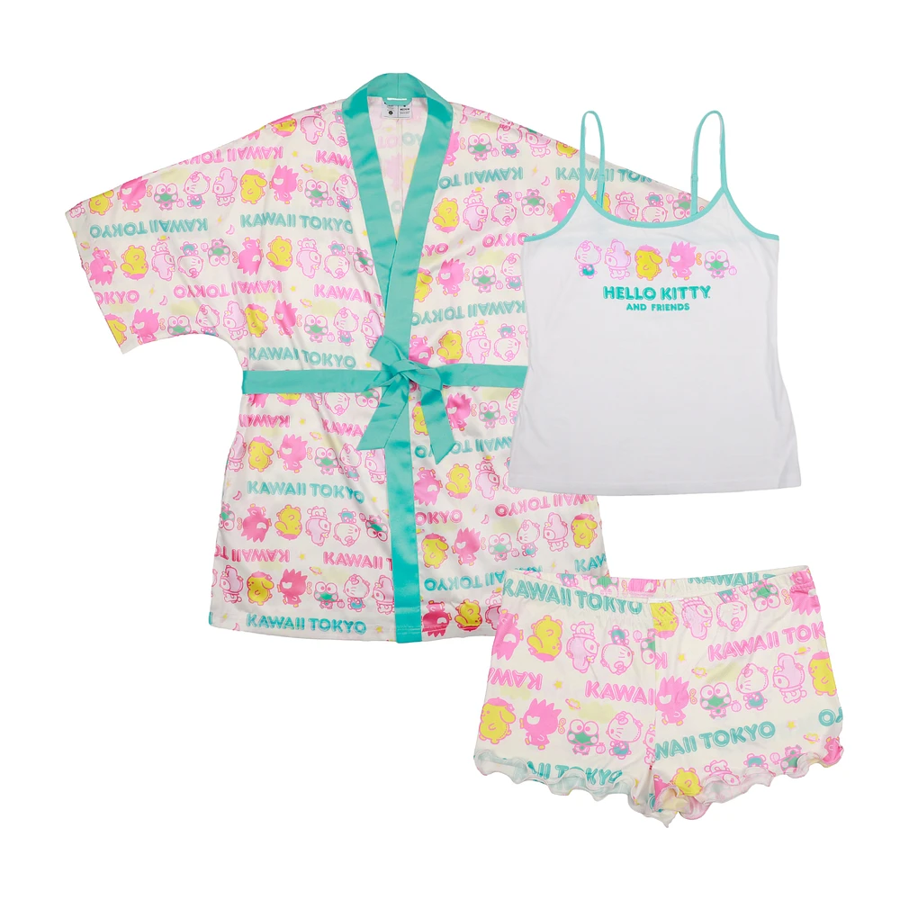 Women's White Hello Kitty & Friends Three-Piece Robe & Shorts Set