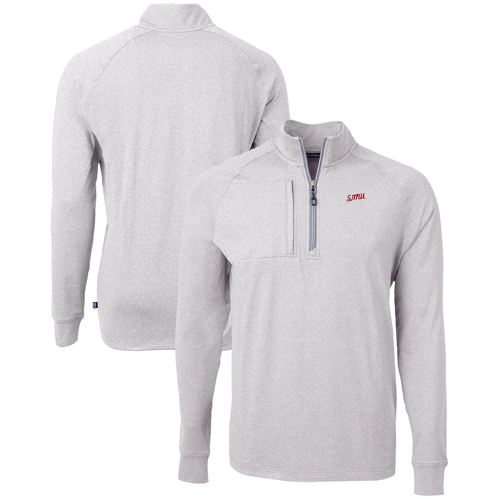 Men's Cutter & Buck Heather Gray SMU Mustangs Vault Adapt Eco Knit Heathered Recycled Raglan Quarter-Zip Top