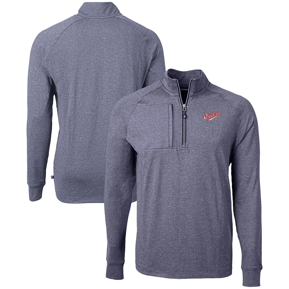 Men's Cutter & Buck Heather Navy Dayton Flyers Vault Adapt Eco Knit Heathered Recycled Raglan Quarter-Zip Top