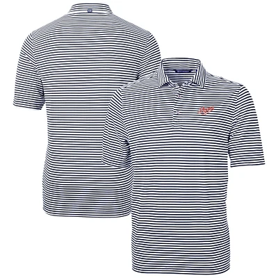 Men's Cutter & Buck Navy Dayton Flyers Vault DryTec Virtue Eco Pique Stripe Recycled Polo
