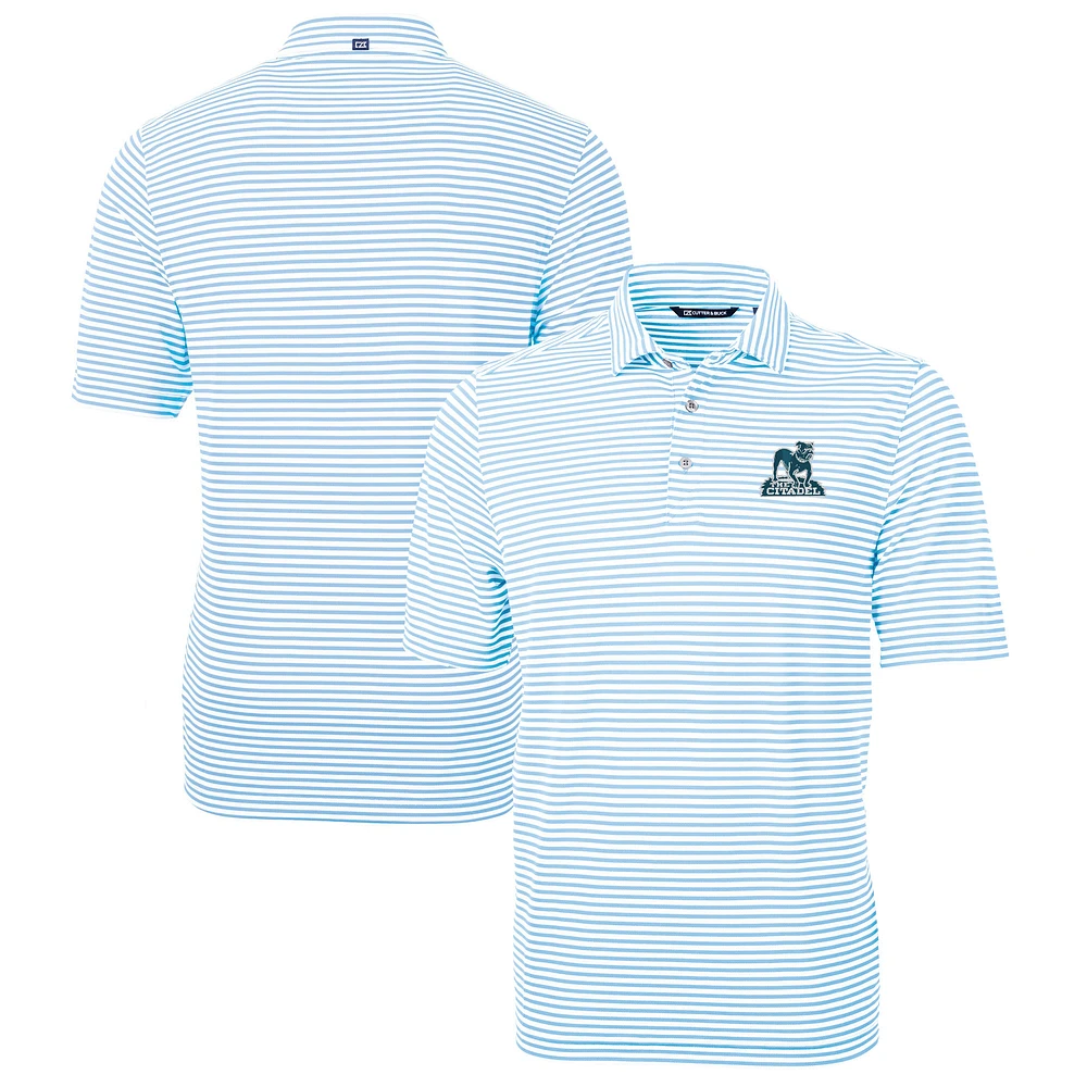 Men's Cutter & Buck Light Blue Citadel Bulldogs Vault DryTec Virtue Eco Pique Stripe Recycled Polo