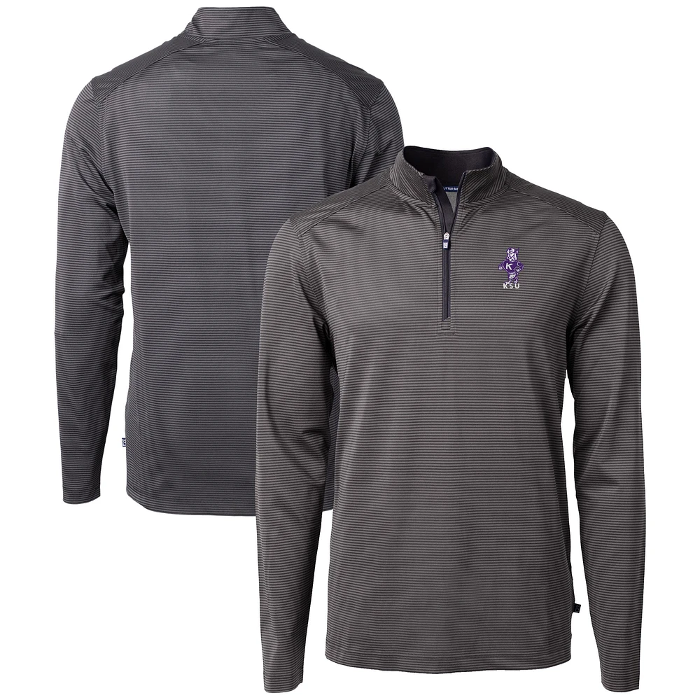Men's Cutter & Buck Black/ Kansas State Wildcats Vault DryTec Virtue Eco Pique Micro Stripe Recycled Quarter-Zip Pullover