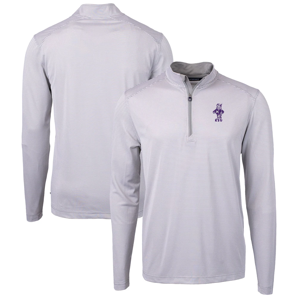 Men's Cutter & Buck Gray/White Kansas State Wildcats Vault DryTec Virtue Eco Pique Micro Stripe Recycled Quarter-Zip Pullover