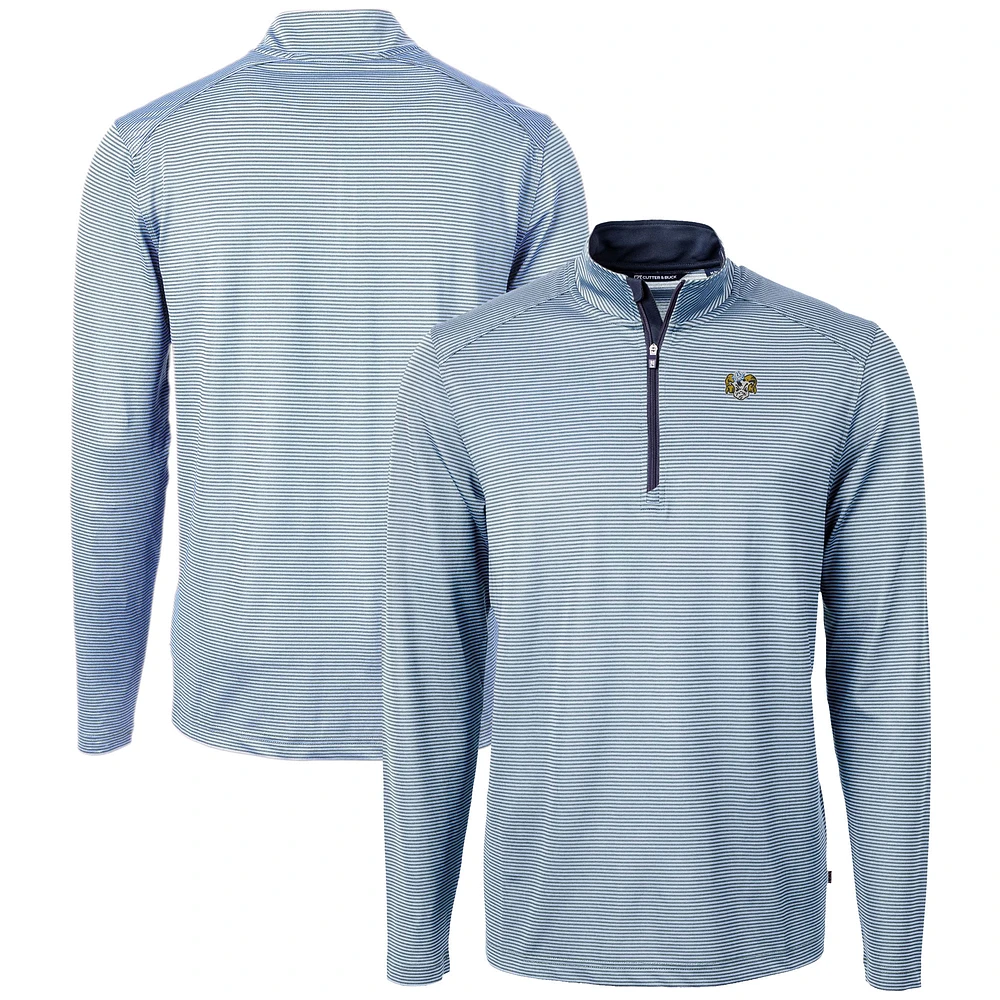 Men's Cutter & Buck Carolina Blue/Navy North Tar Heels Vault DryTec Virtue Eco Pique Micro Stripe Recycled Quarter-Zip Pullover