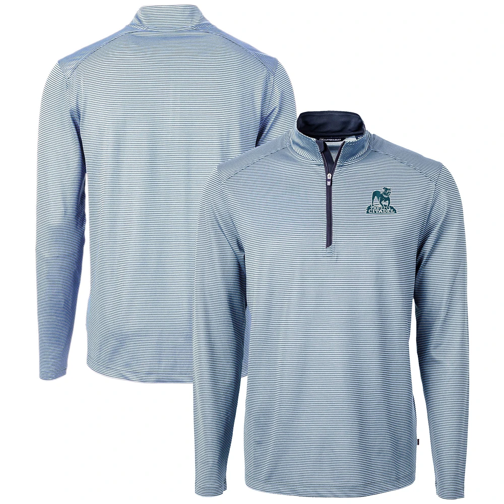 Men's Cutter & Buck Light Blue/Navy Citadel Bulldogs Vault DryTec Virtue Eco Pique Micro Stripe Recycled Quarter-Zip Pullover