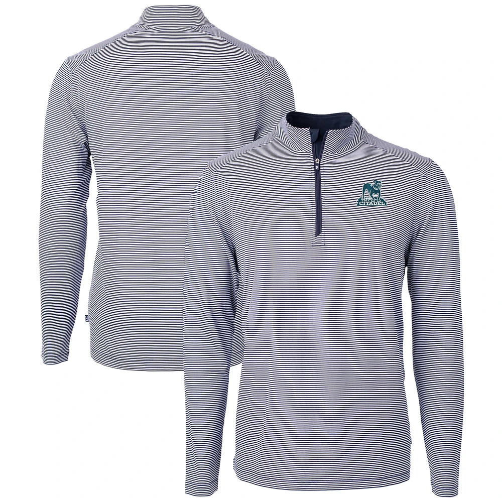Men's Cutter & Buck Navy/White Citadel Bulldogs Vault DryTec Virtue Eco Pique Micro Stripe Recycled Quarter-Zip Pullover