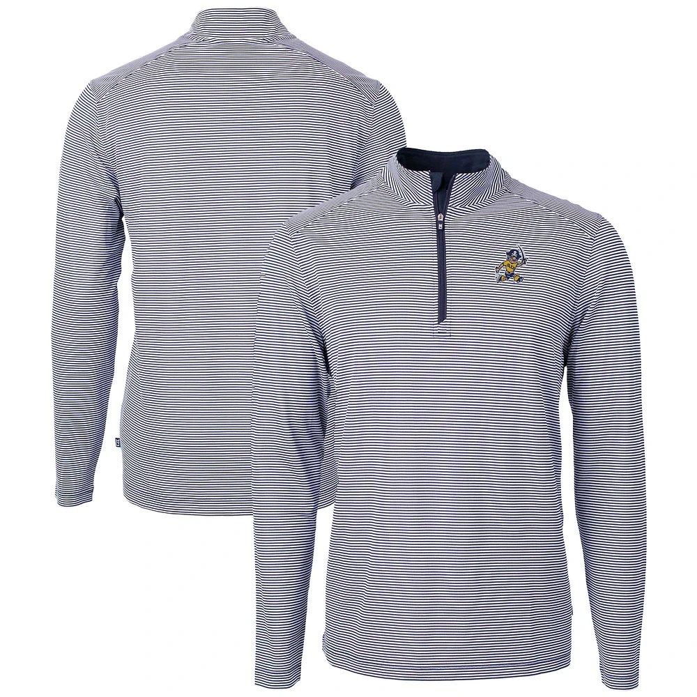 Men's Cutter & Buck Navy/White ETSU Buccaneers Vault DryTec Virtue Eco Pique Micro Stripe Recycled Quarter-Zip Pullover