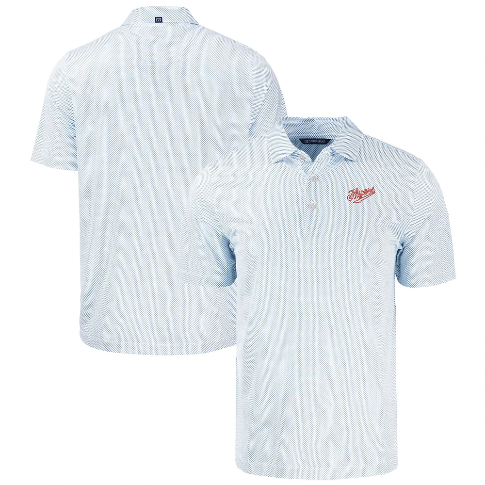 Men's Cutter & Buck White Dayton Flyers Vault Pike Eco Symmetry Print Stretch Recycled Polo
