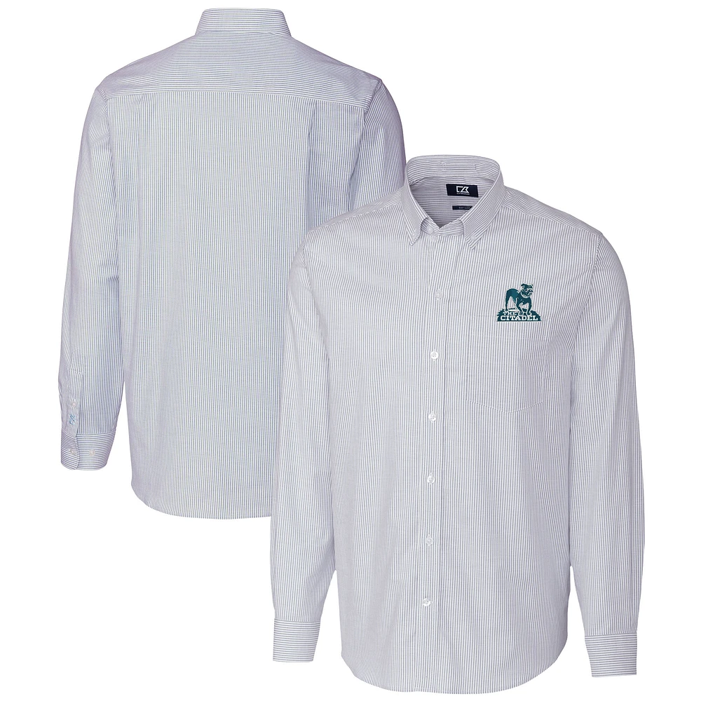 Men's Cutter & Buck Light Blue Citadel Bulldogs Vault Striped Stretch Oxford Long Sleeve Dress Shirt