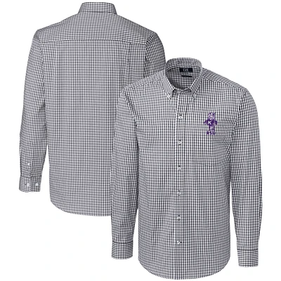 Men's Cutter & Buck Charcoal Kansas State Wildcats Vault Easy Care Stretch Gingham Long Sleeve Dress Shirt