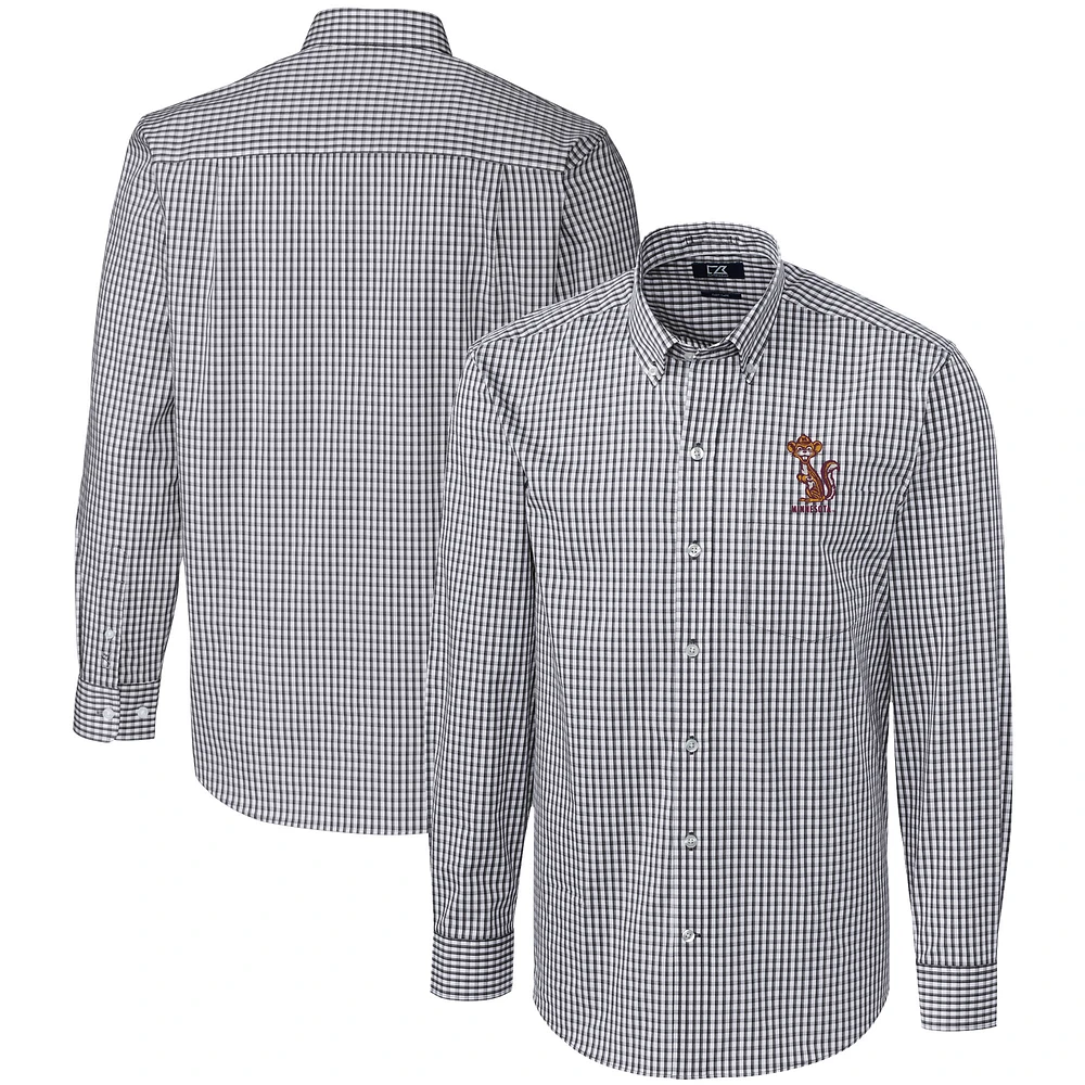 Men's Cutter & Buck Charcoal Minnesota Golden Gophers Vault Easy Care Stretch Gingham Long Sleeve Dress Shirt