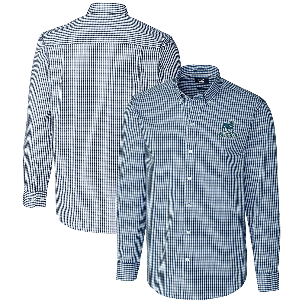 Men's Cutter & Buck Navy Citadel Bulldogs Vault Easy Care Stretch Gingham Long Sleeve Dress Shirt