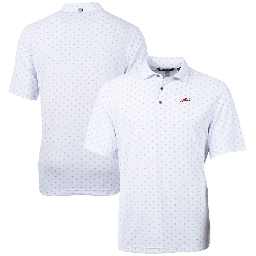 Men's Cutter & Buck White SMU Mustangs Vault DryTec Virtue Eco Pique Tile Print Recycled Polo
