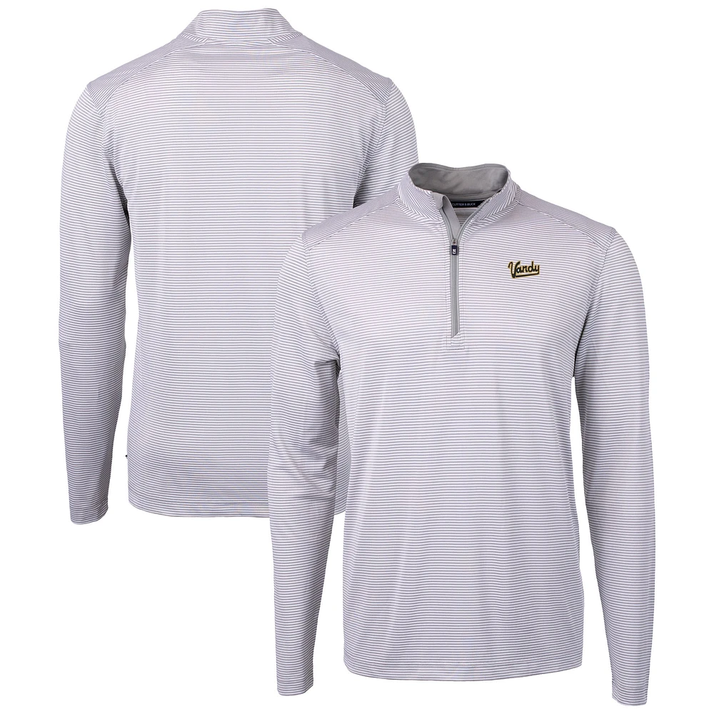 Men's Cutter & Buck Gray/White Vanderbilt Commodores Vault DryTec Virtue Eco Pique Micro Stripe Recycled Quarter-Zip Pullover