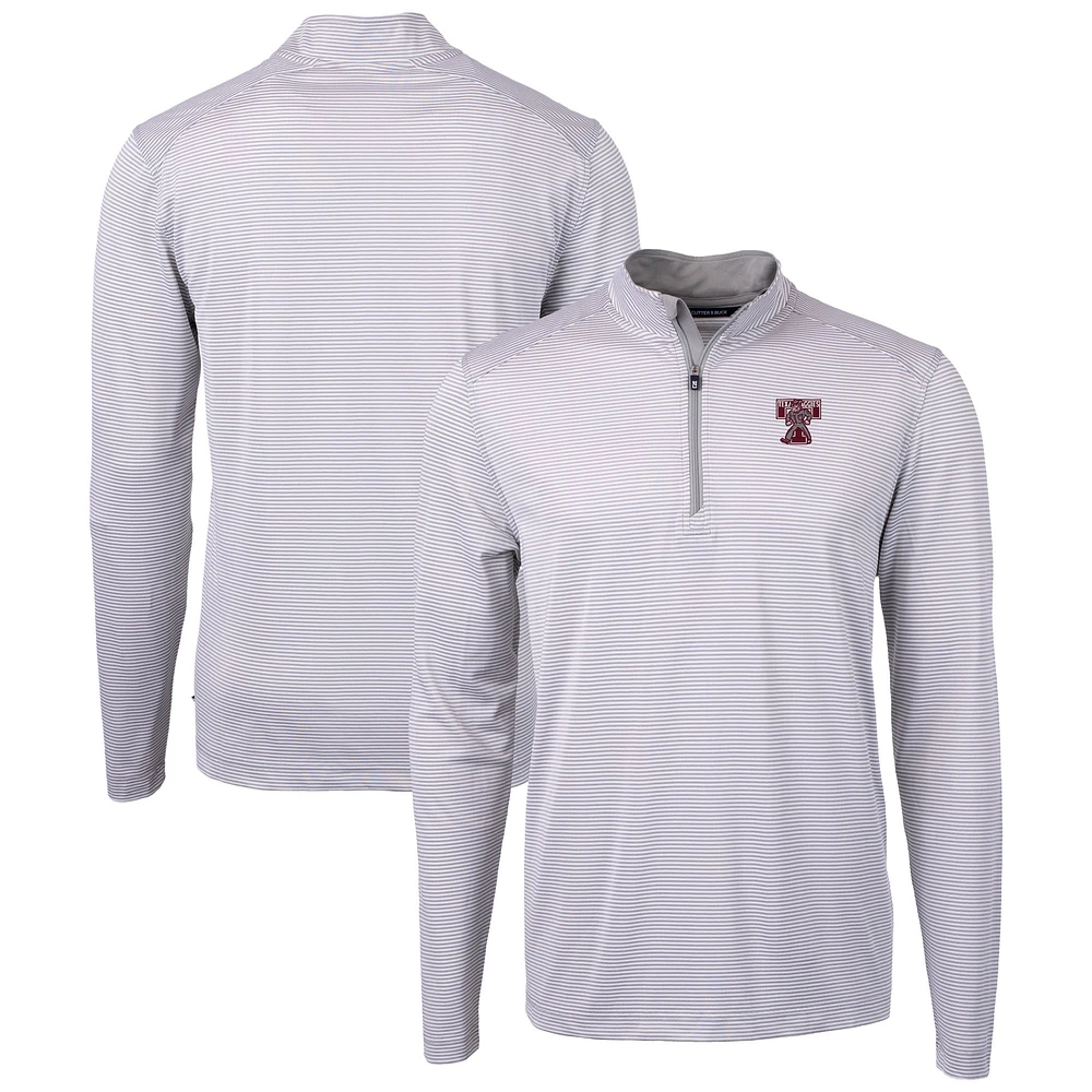Men's Cutter & Buck Gray/White Texas A&M Aggies Vault DryTec Virtue Eco Pique Micro Stripe Recycled Quarter-Zip Pullover