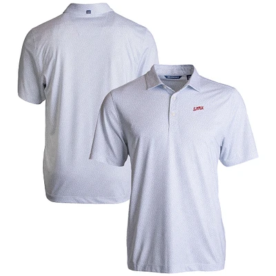 Men's Cutter & Buck White SMU Mustangs Vault Pike Eco Pebble Print Stretch Recycled Polo