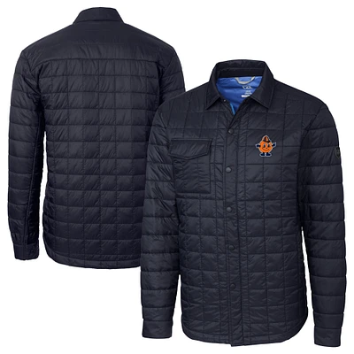 Men's Cutter & Buck Navy Syracuse Orange Vault Rainier PrimaLoft Eco Insulated Quilted Button-Up Shacket