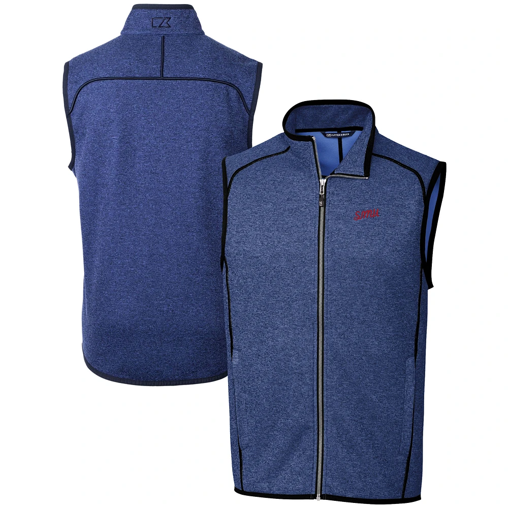 Men's Cutter & Buck Heather Blue SMU Mustangs Vault Mainsail Sweater Knit Fleece Full-Zip Vest