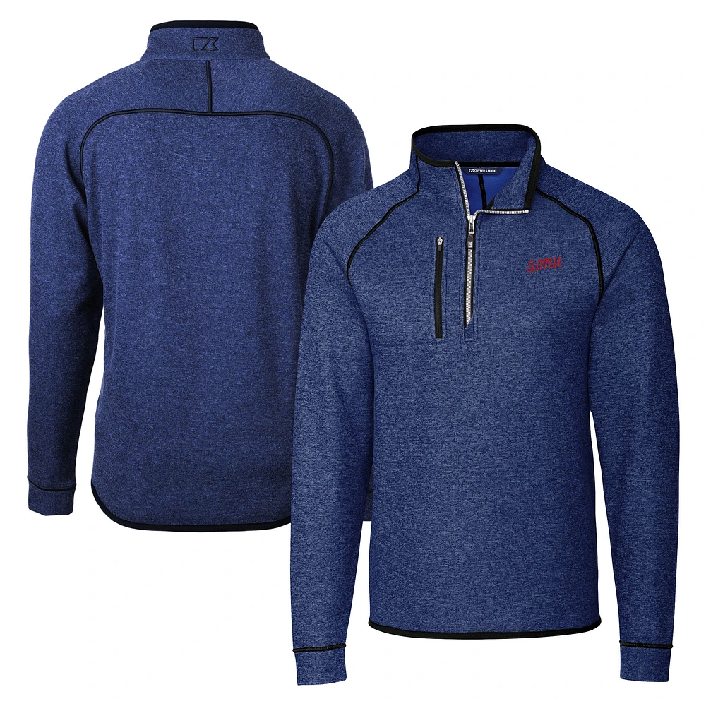 Men's Cutter & Buck Heather Royal SMU Mustangs Vault Mainsail Sweater-Knit Raglan Half-Zip Jacket