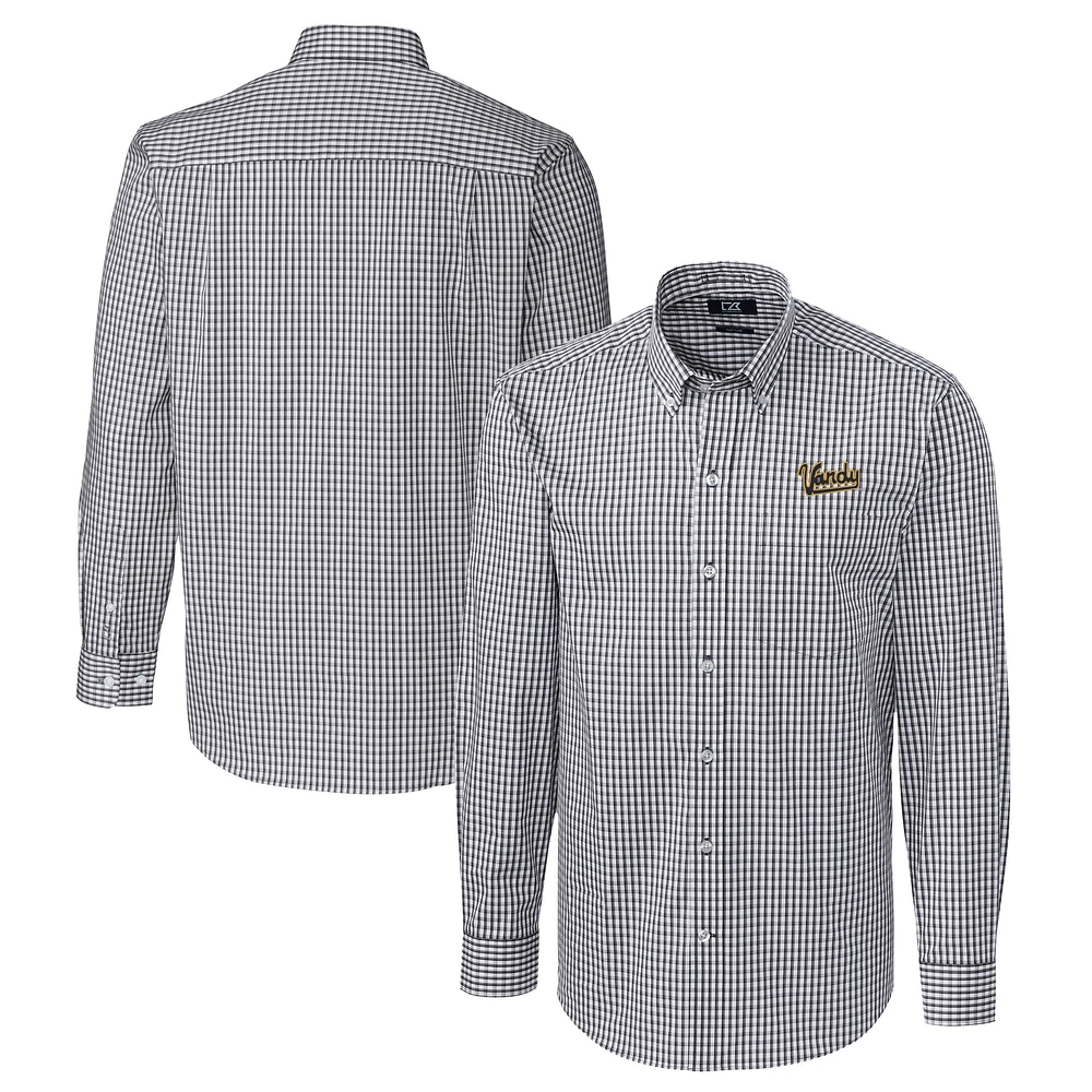 Men's Cutter & Buck Charcoal Vanderbilt Commodores Vault Easy Care Stretch Gingham Long Sleeve Dress Shirt