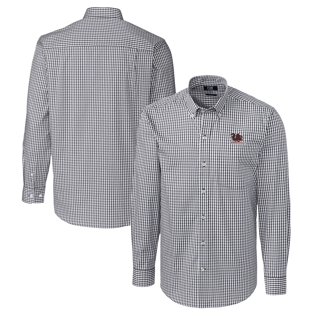 Men's Cutter & Buck Charcoal South Carolina Gamecocks Vault Easy Care Stretch Gingham Long Sleeve Dress Shirt