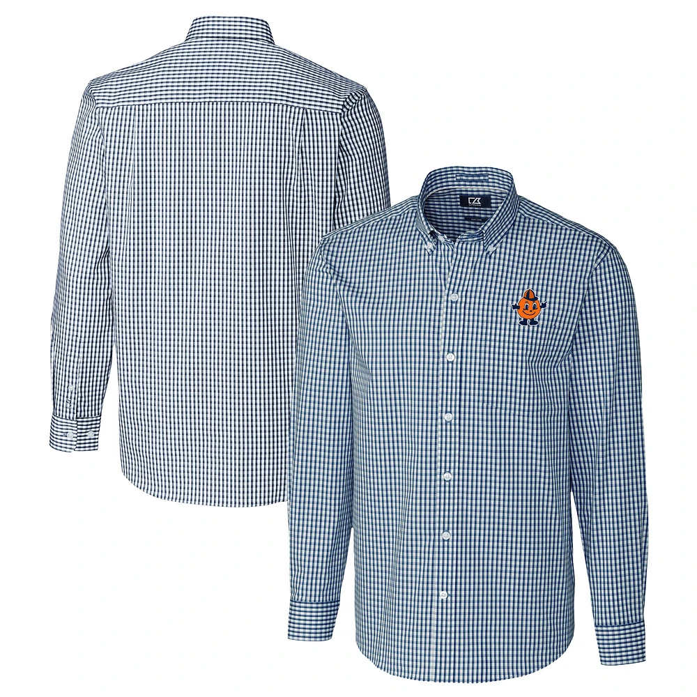 Men's Cutter & Buck Navy Syracuse Orange Vault Easy Care Stretch Gingham Long Sleeve Dress Shirt